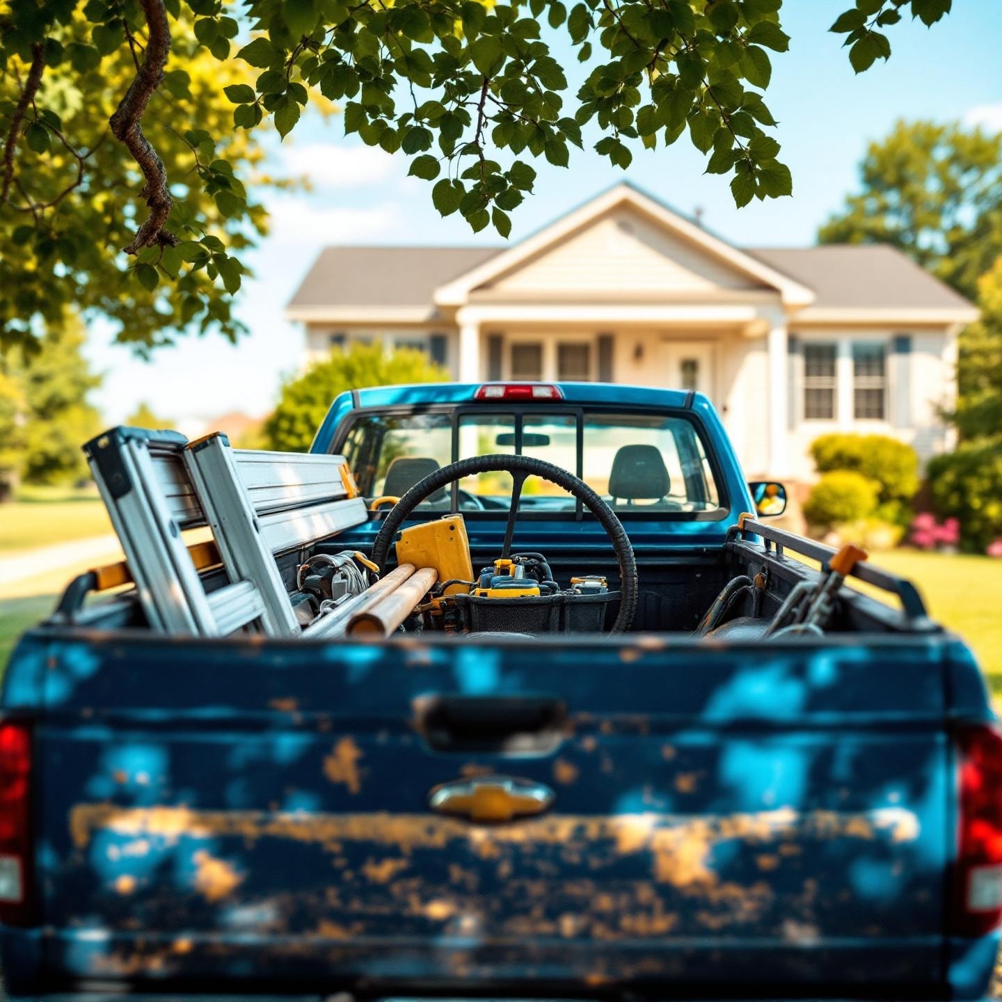 Contractor pickup truck at a residential job site