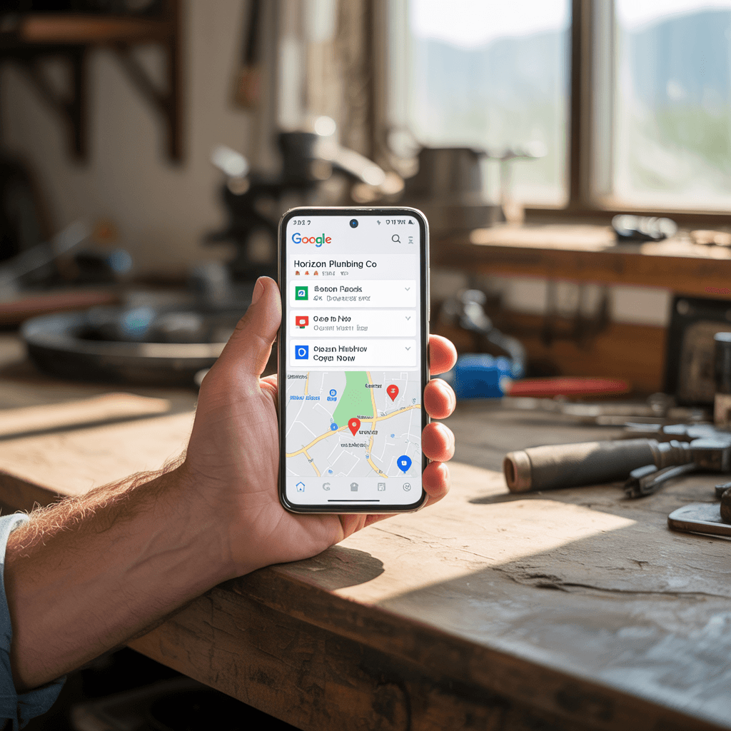 Phone showing Google Maps with local business search results